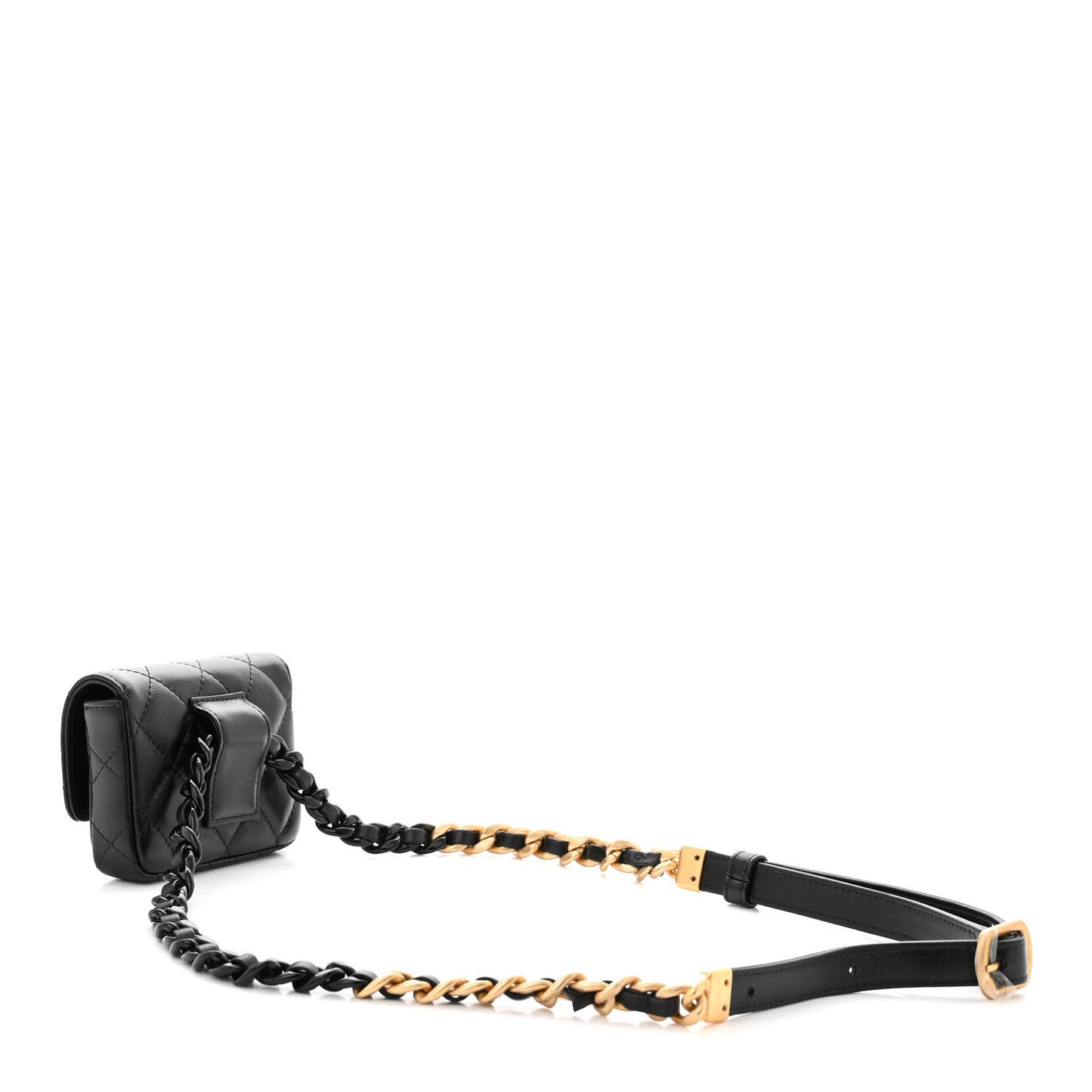 Lambskin Lacquered Metal Quilted Flap Chain Belt Bag Black