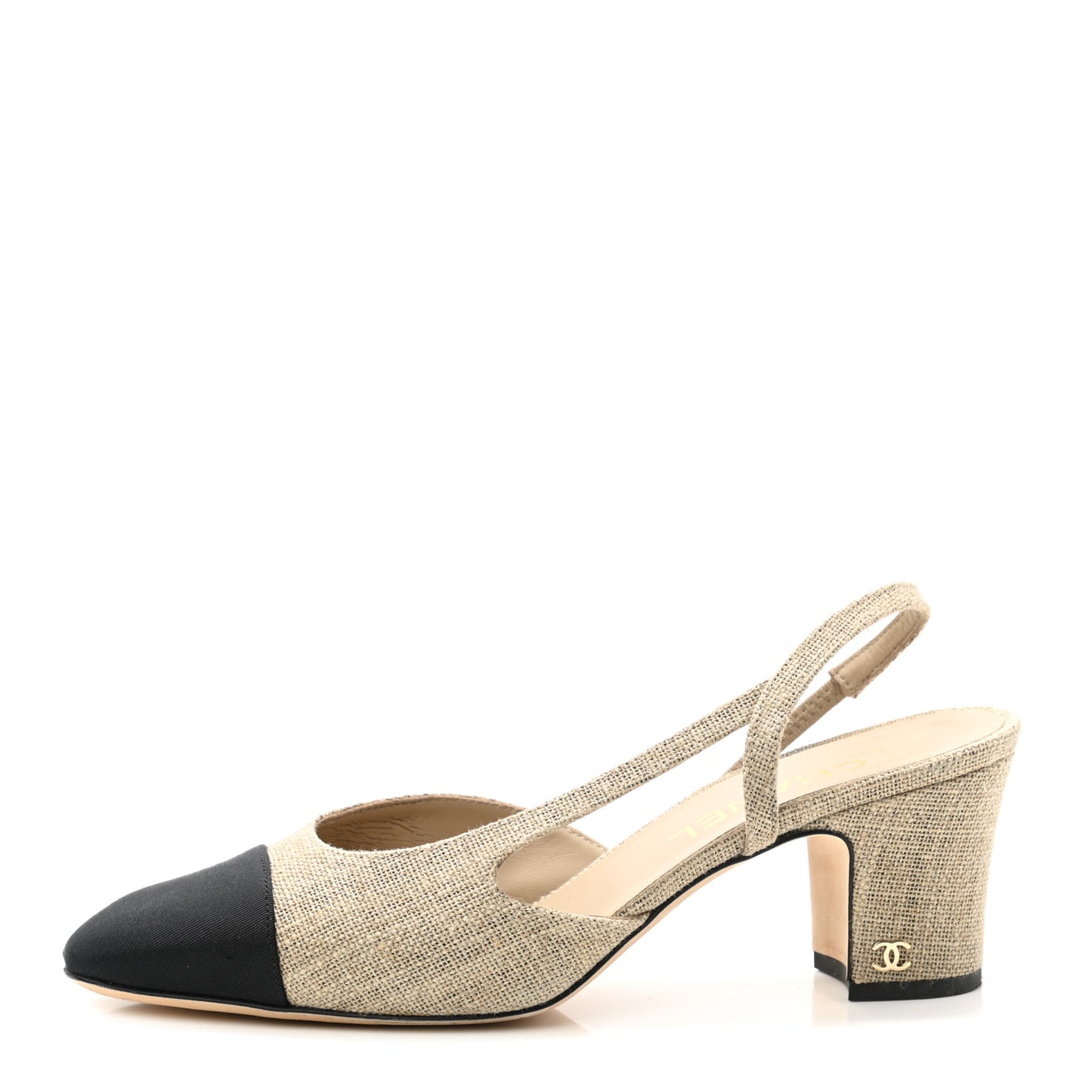 Fabric Grosgrain Cap Toe CC Slingback Pumps 38.5 Dark Beige Black