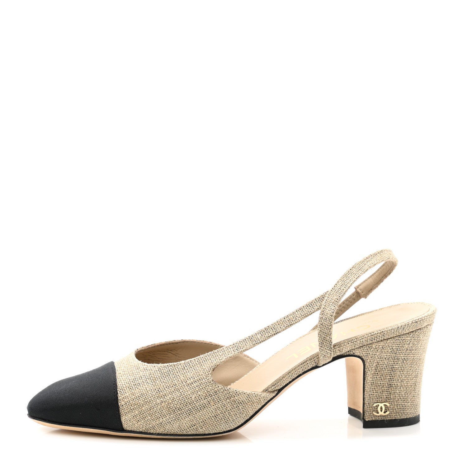 Chanel Fabric Grosgrain Cap Toe CC Slingback Pumps 38.5 Dark Beige Black 1 of 9