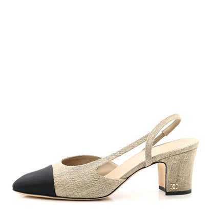 Chanel Fabric Grosgrain Cap Toe CC Slingback Pumps 38.5 Dark Beige Black 1 of 9