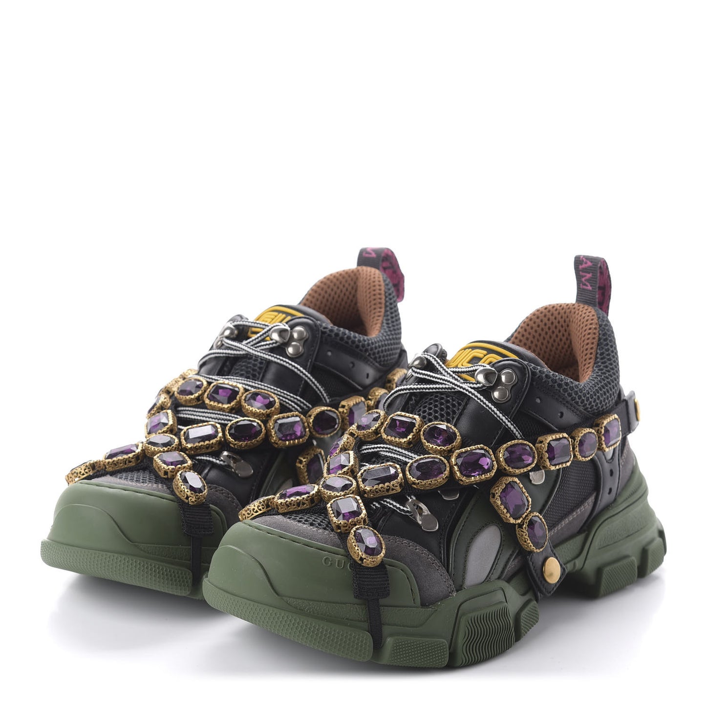 X SEGA Mesh Suede Calfskin Removable Crystals Flashtrek Sneakers 38 Loess Black Olive Green