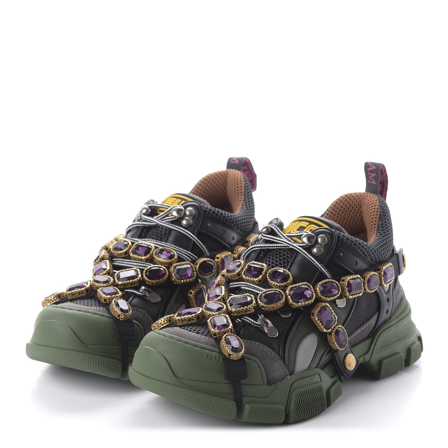 Gucci X SEGA Mesh Suede Calfskin Removable Crystals Flashtrek Sneakers 38 Loess Black Olive Green 3 of 8