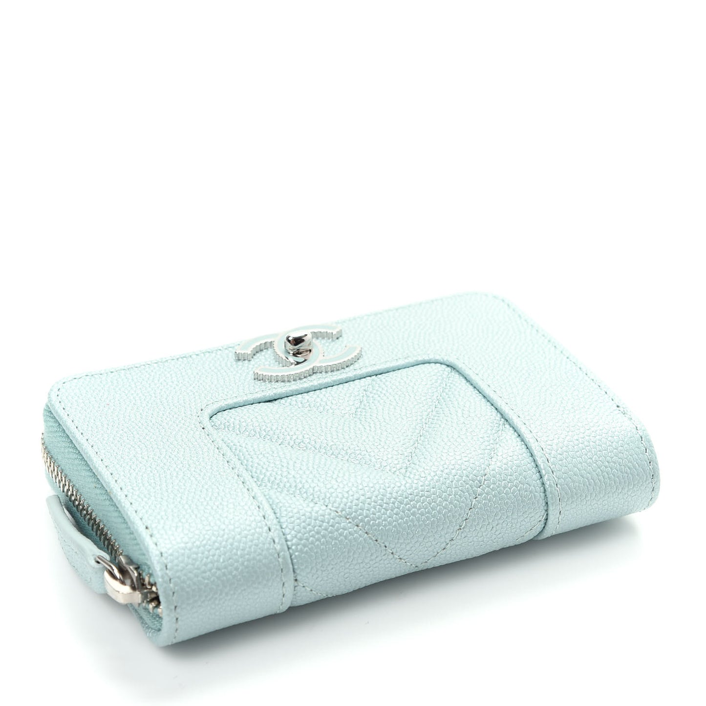 Metallic Caviar Chevron Quilted Vintage Mademoiselle Zip Coin Purse Light Blue