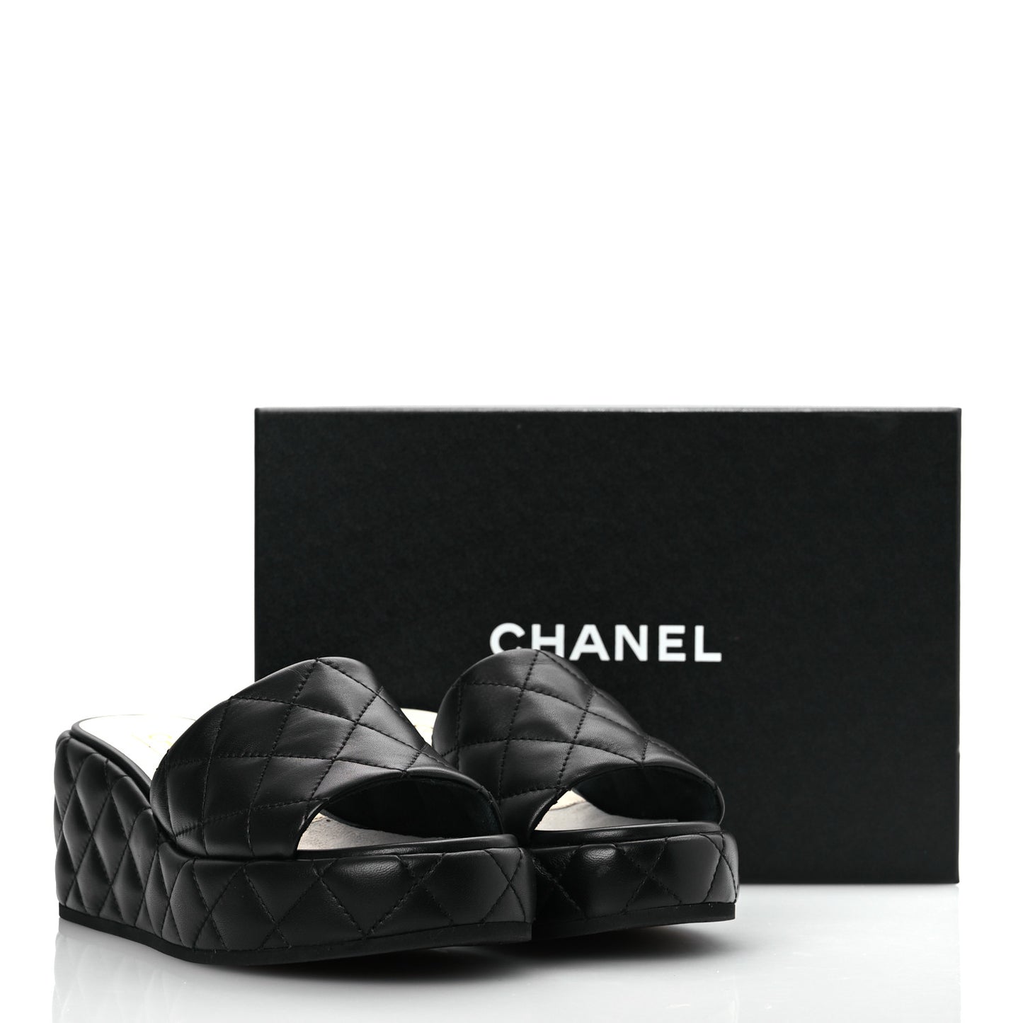 Lambskin Quilted Camelia CC Wedge Sandal Mules 39.5 Black
