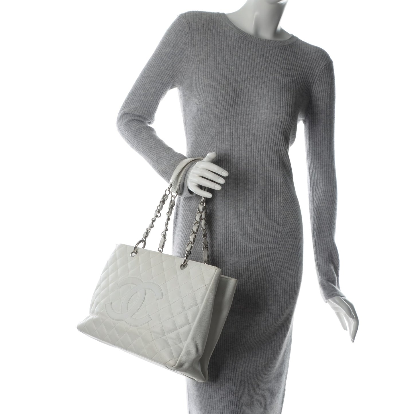 Caviar Quilted Grand Shopping Tote GST White
