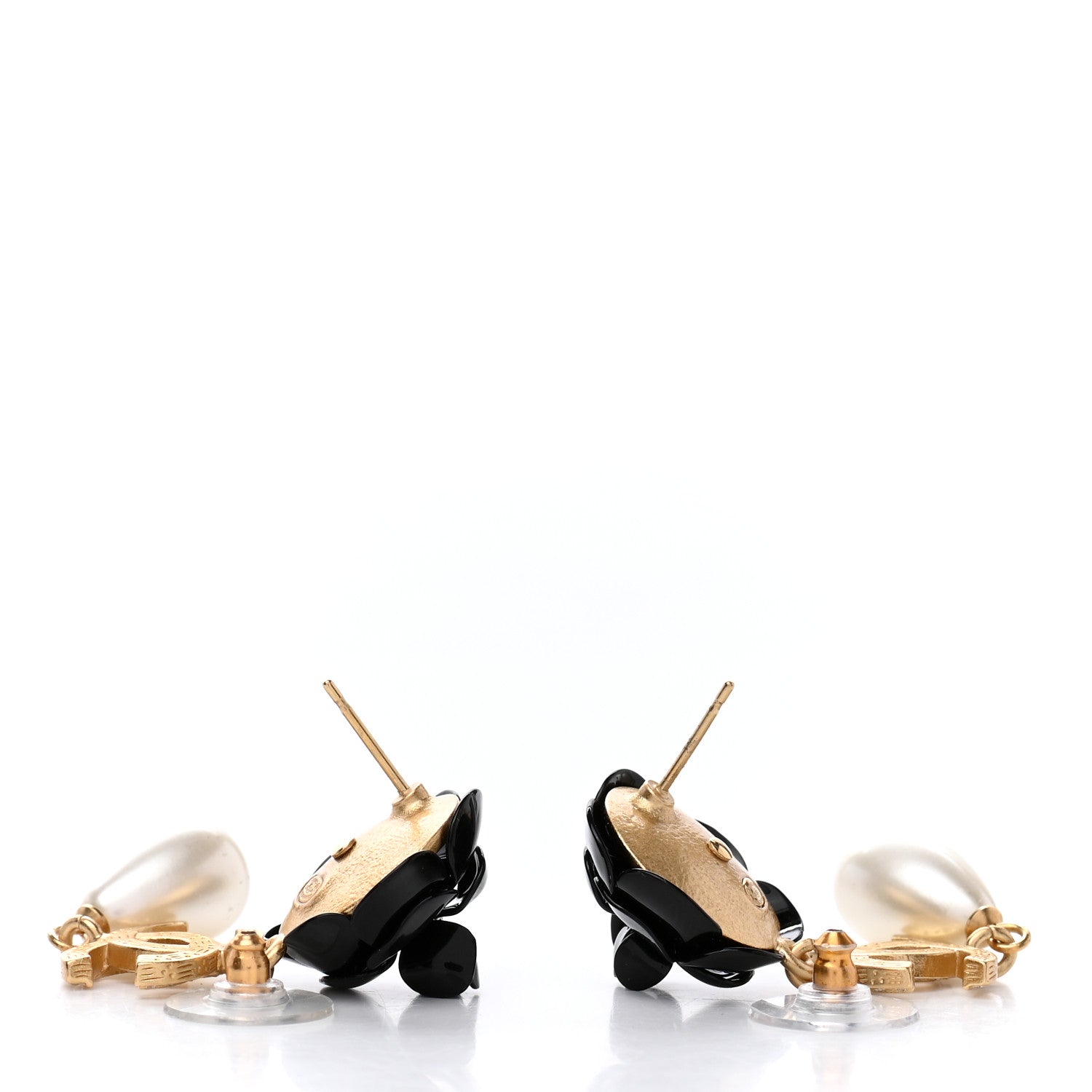 Chanel Enamel Crystal Pearl CC Camellia Drop Earrings Black Gold 3 of 4