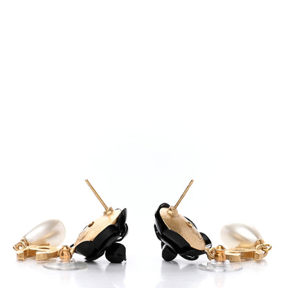 Chanel Enamel Crystal Pearl CC Camellia Drop Earrings Black Gold 3 of 4