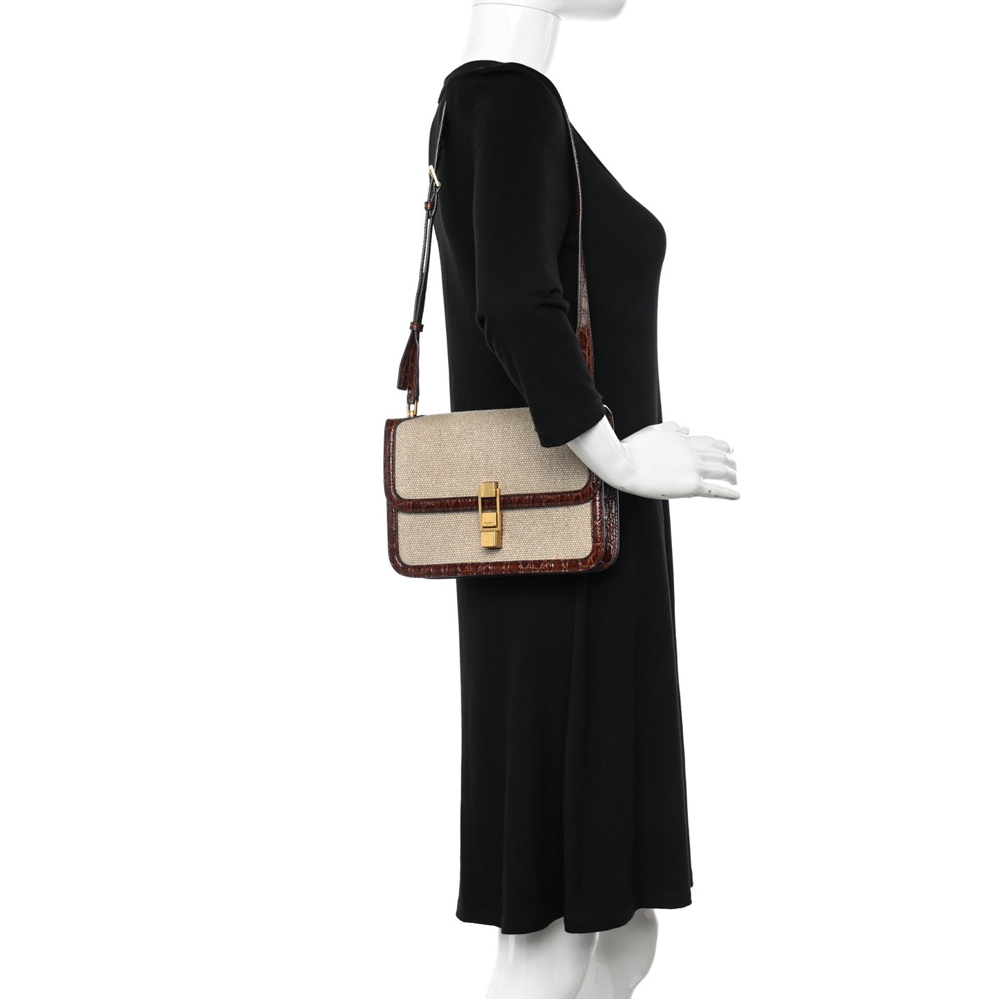 Linen Canvas Crocodile Embossed Carre Satchel Natural Brown