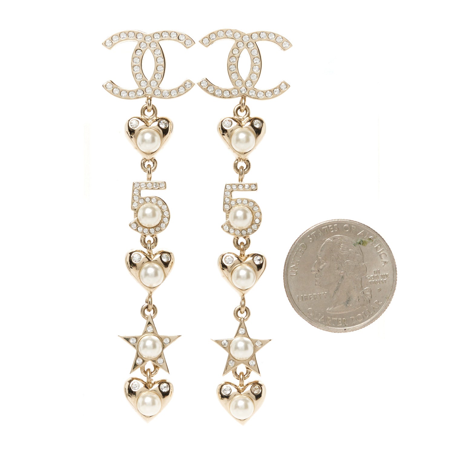 Chanel Crystal Pearl Charming Winter CC Star Heart Drop Earrings Gold 2 of 5