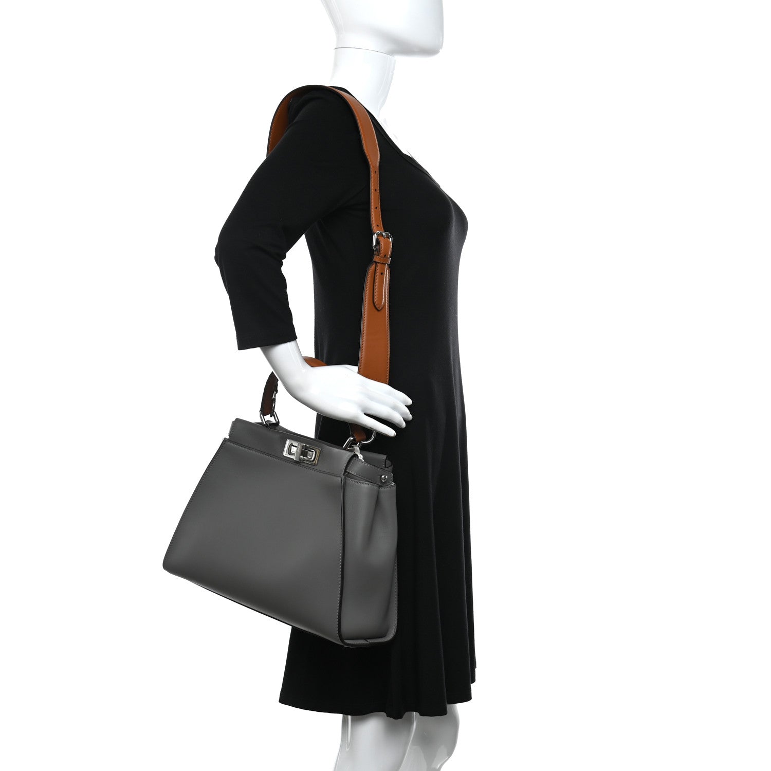 Fendi Calfskin Nappa Medium Peekaboo Iconic Satchel Moon Cuoio Ghiaia 2 of 9