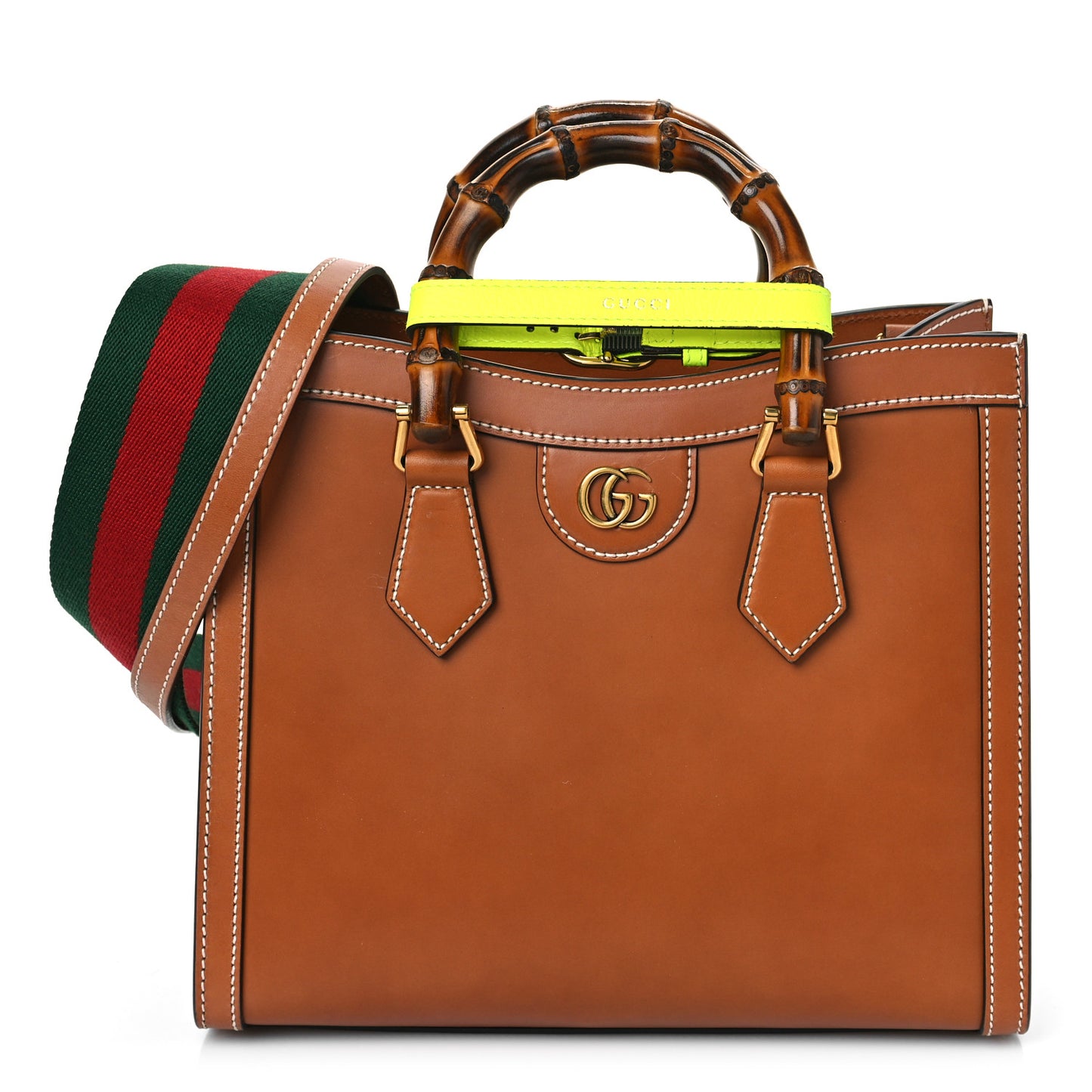 Calfskin Web Small Diana Tote Bag Cuir Yellow Fluo