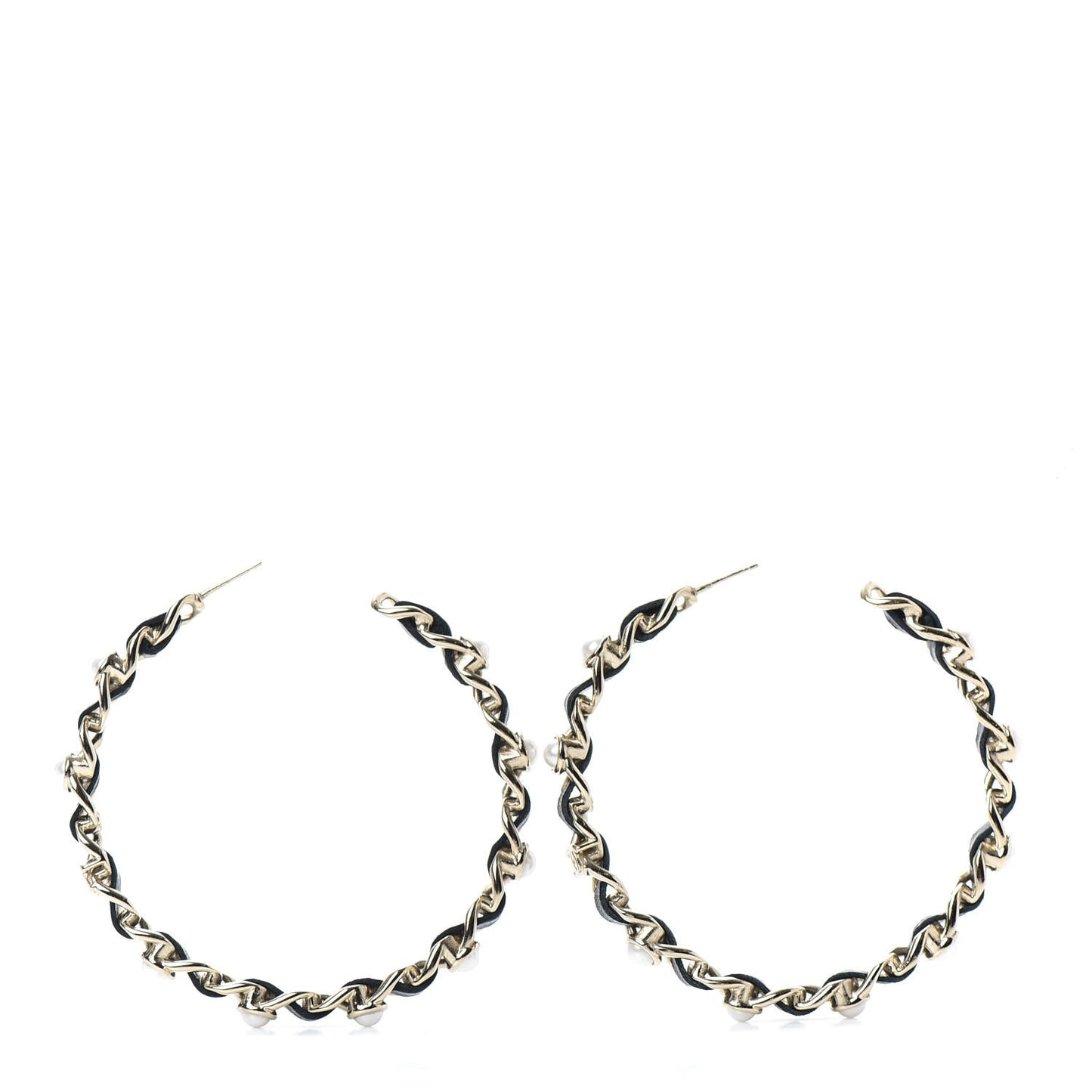 Lambskin Pearl CC Chain Hoop Earrings Gold Black