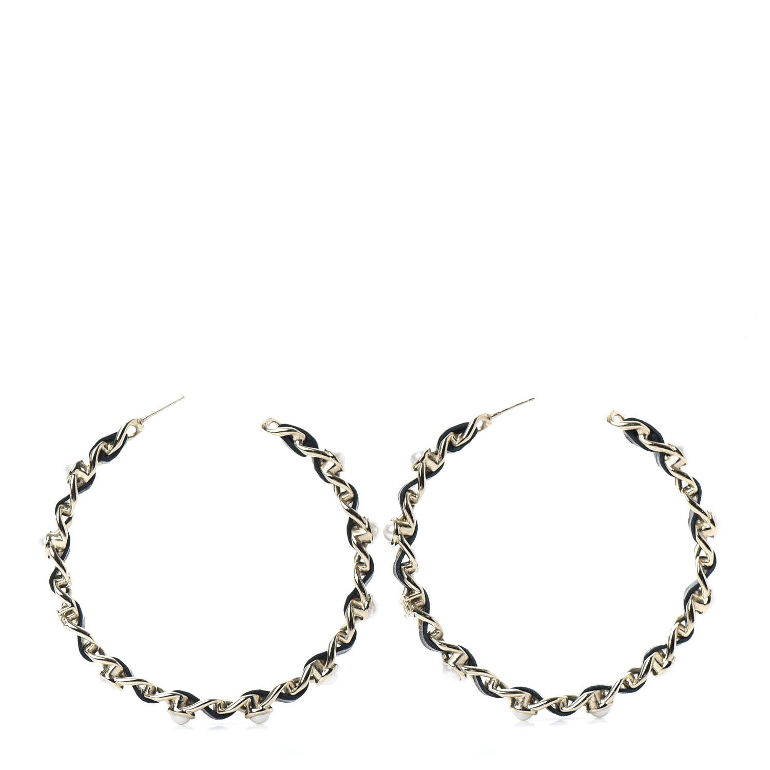 Chanel Lambskin Pearl CC Chain Hoop Earrings Gold Black 1 of 5