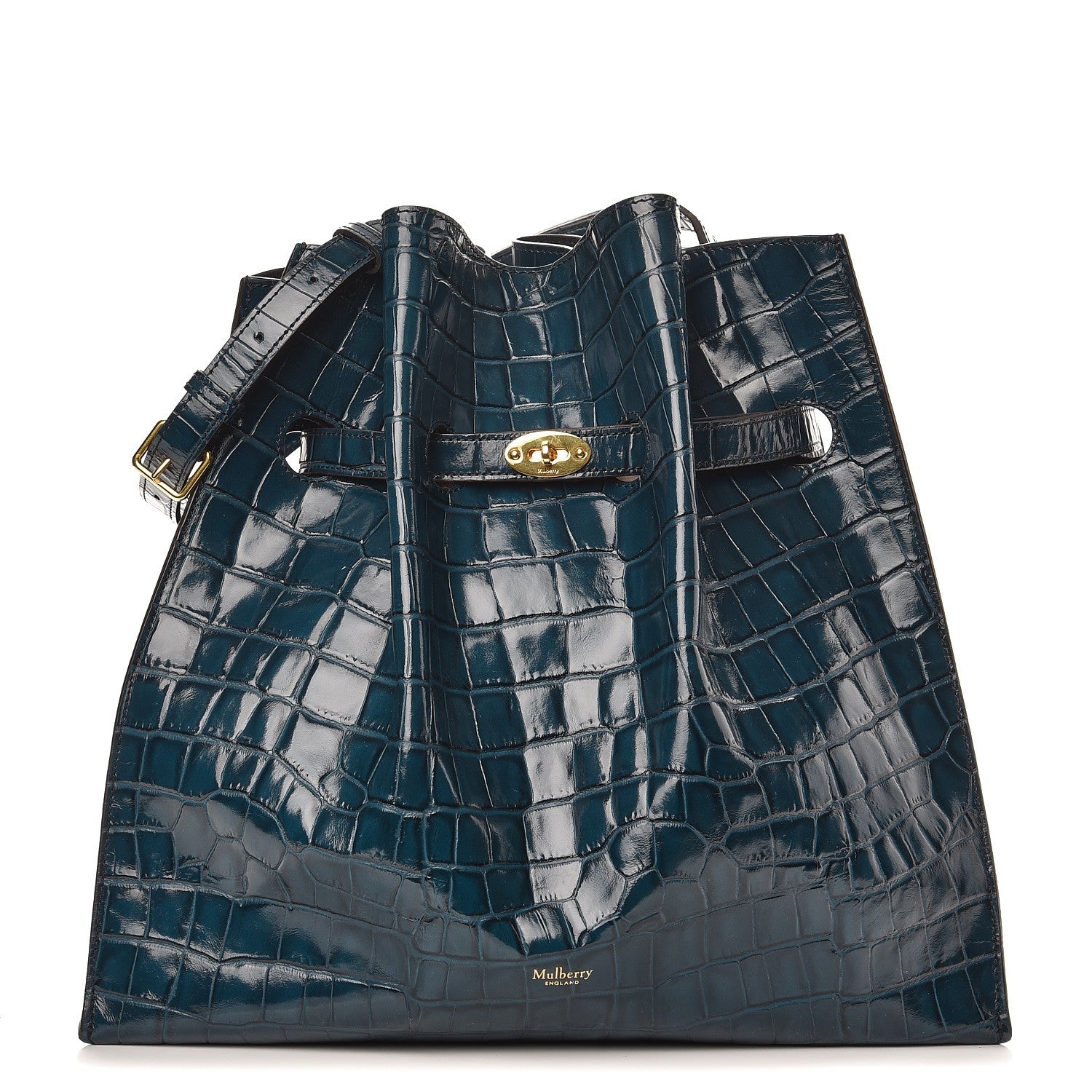 Mulberry Calfskin Crocodile Embossed Tyndale Bucket Bag Navy 1 of 7
