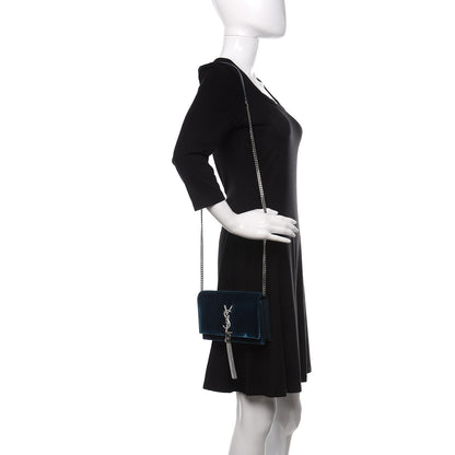 Saint Laurent Velvet Crystal Monogram Kate Tassel Chain Wallet Blue 2 of 9