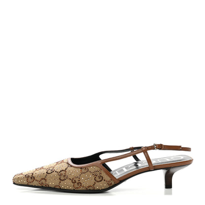 Gucci GG Monogram Malaga Kid Crystal Square G 35mm Slingback Pumps 40 Camel Ebony Cuir 1 of 8
