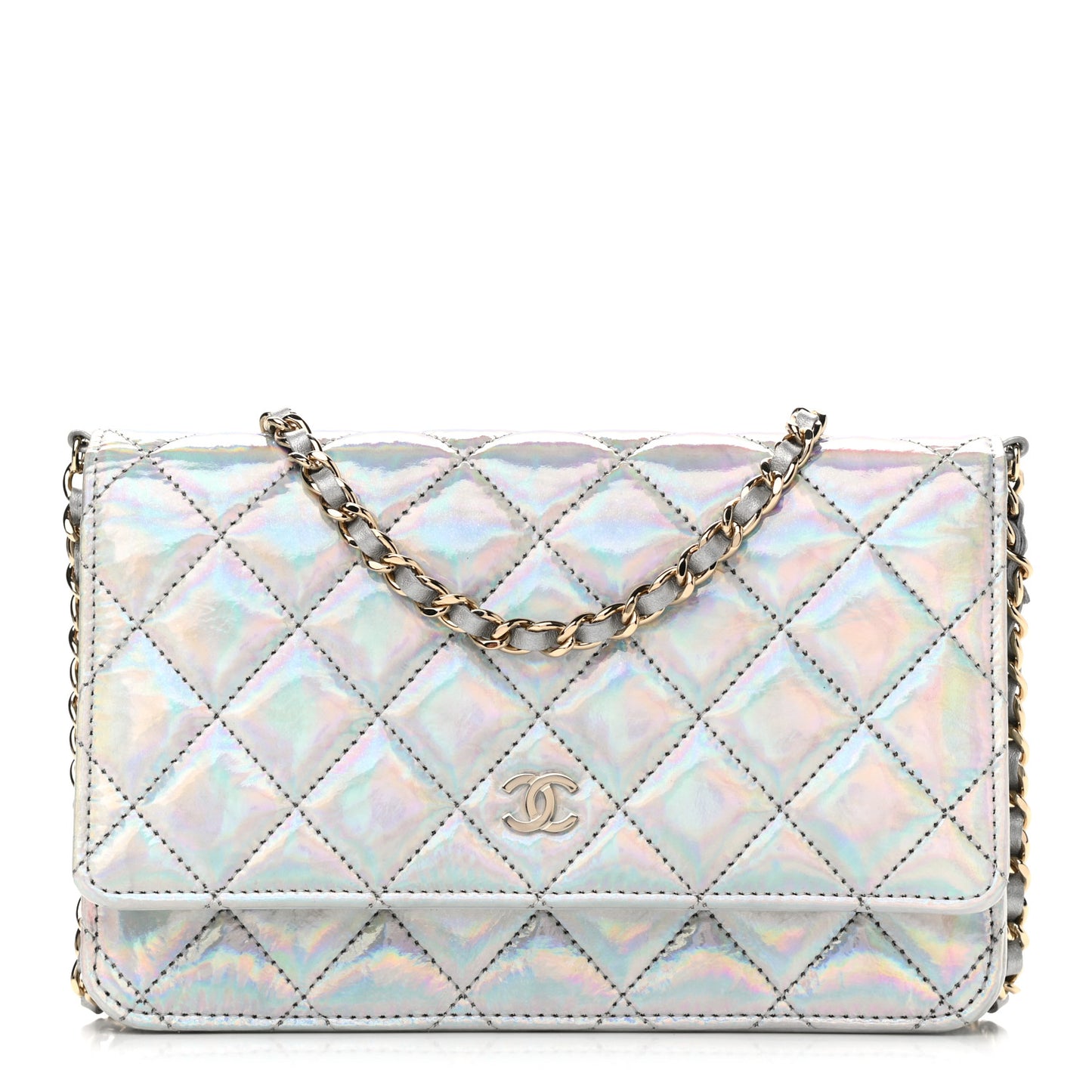 Iridescent Goatskin Quilted Wallet On Chain WOC Silver