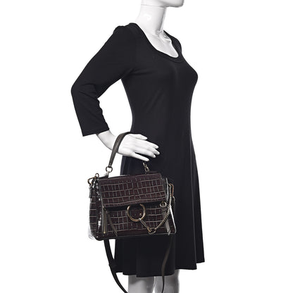 Chloe Calfskin Crocodile Embossed Small Faye Day Shoulder Bag Profound Brown 3 of 9
