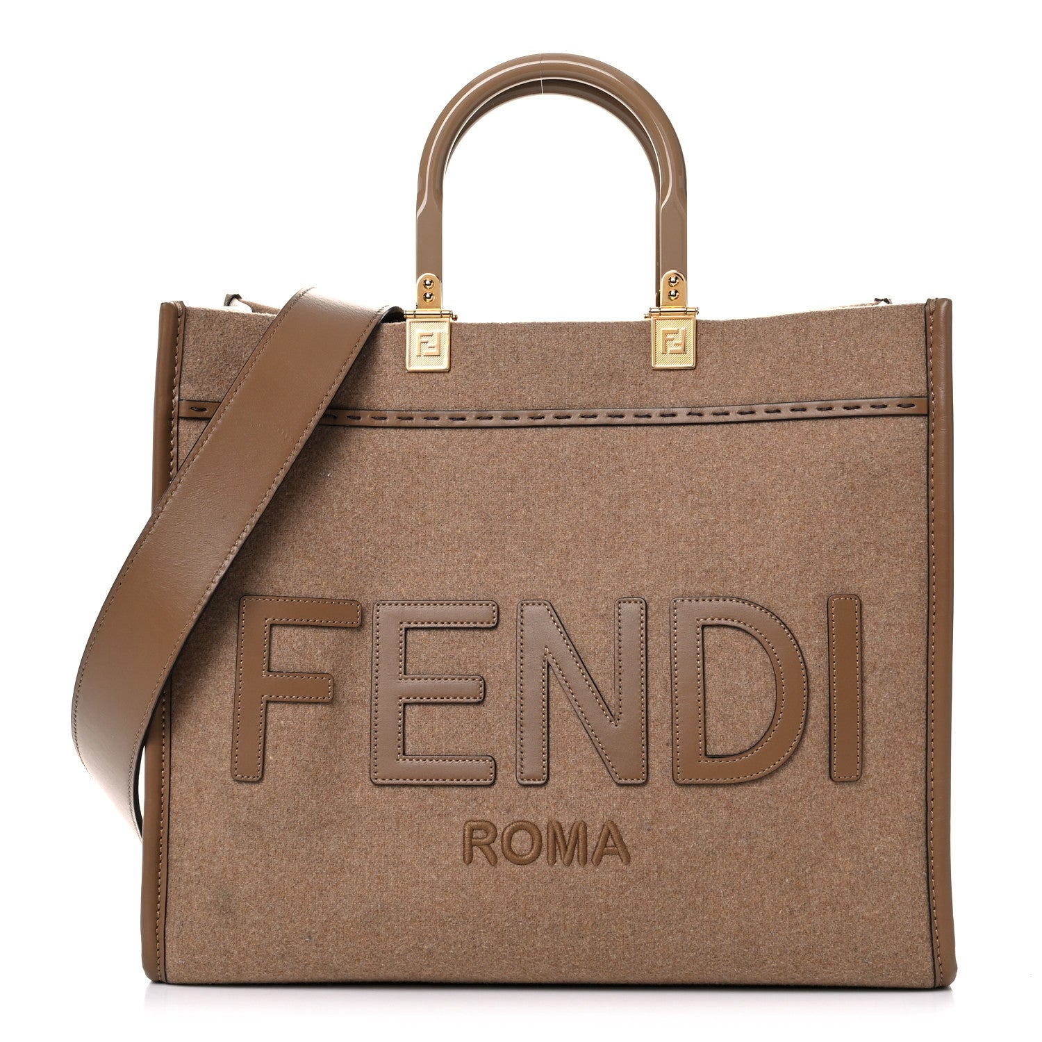 Fendi Flannel Vitello King Wool Plexiglass FF Logo Embroidered Medium Fendi Sunshine Shopper Tote Brown 1 of 20