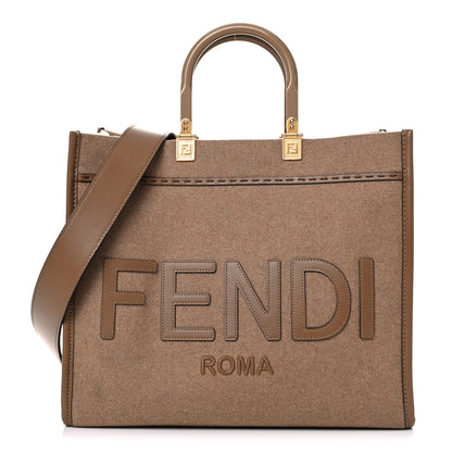 Fendi Flannel Vitello King Wool Plexiglass FF Logo Embroidered Medium Fendi Sunshine Shopper Tote Brown 1 of 20