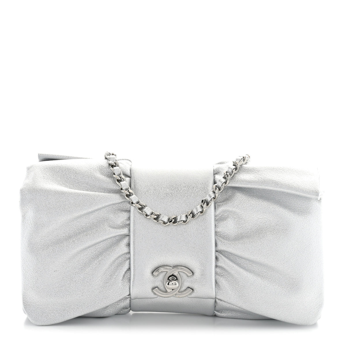 Metallic Lambskin Tie My Bow Flap Clutch With Chain Silver