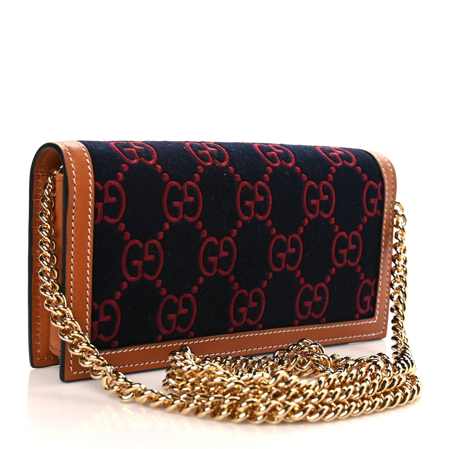 Gucci Covered Wool Cuoio Harness GG Monogram Horsebit 1955 Wallet On Chain Blue Red Harness Brown 3 of 9