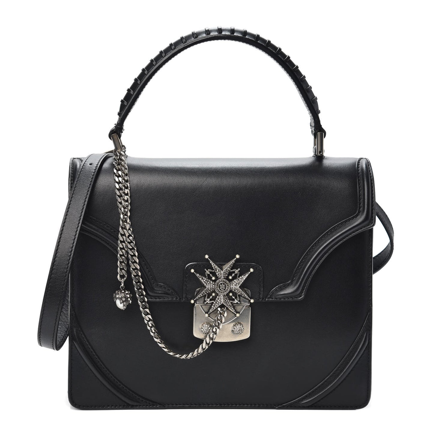 Calfskin Chain Flower Satchel Black