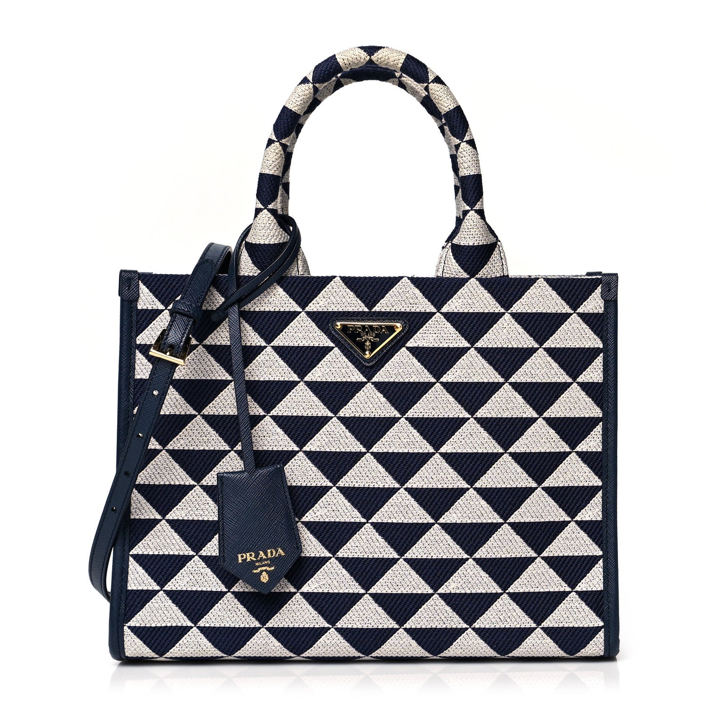 Jacquard Saffiano Triangolo Symbole Embroidered Small Tote Baltico Talco
