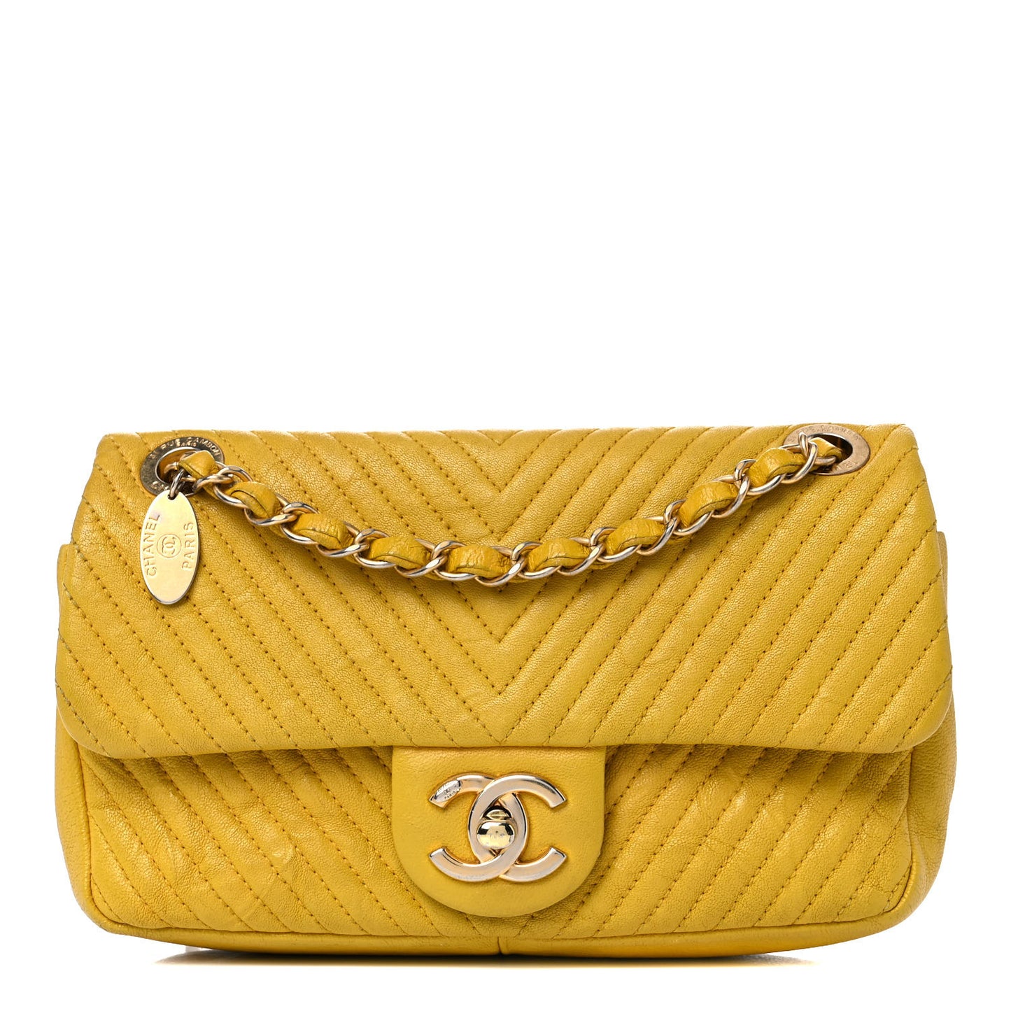 Calfskin Chevron Quilted Small Surpique Flap Yellow
