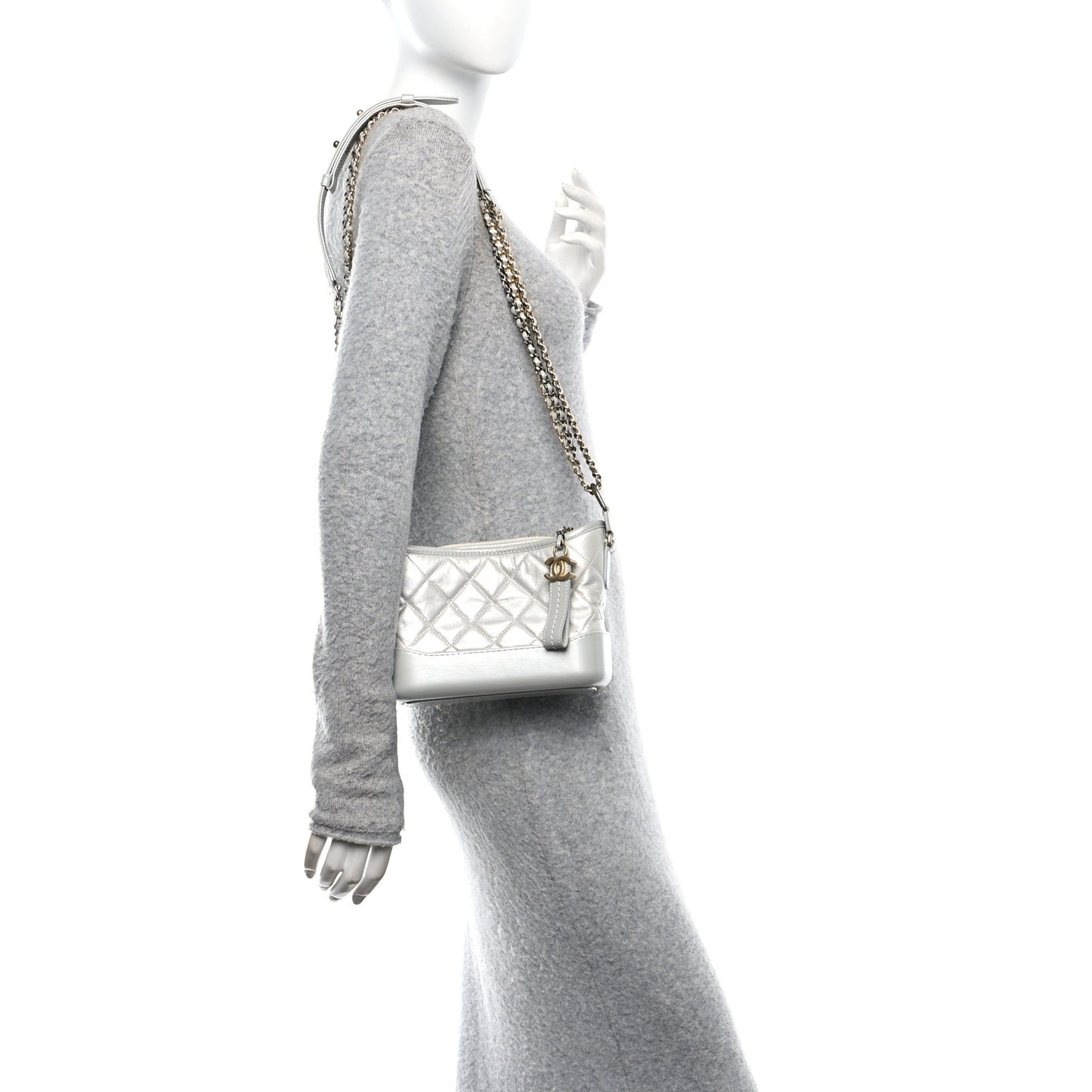 Metallic Aged Calfskin Quilted Small Gabrielle Hobo Light Silver