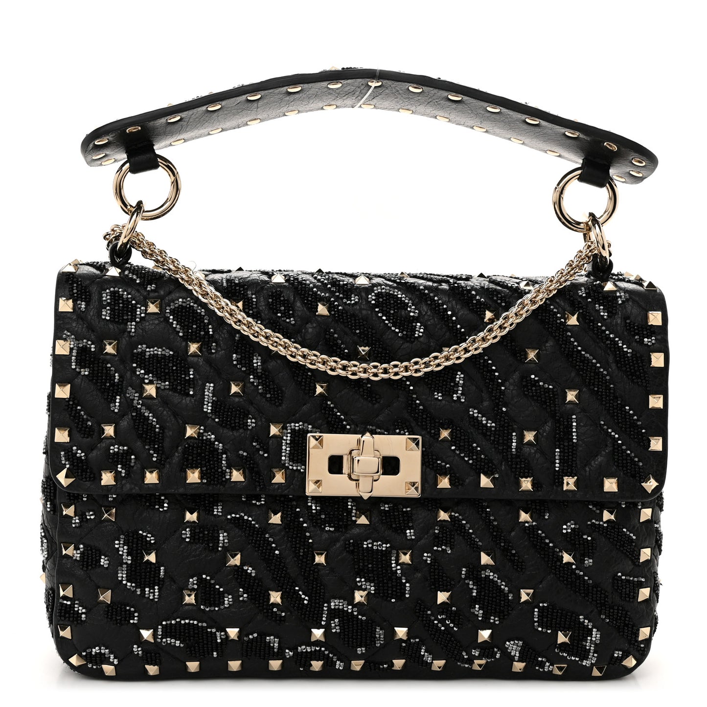 Lambskin Sequin Medium Rockstud Spike Shoulder Bag Black