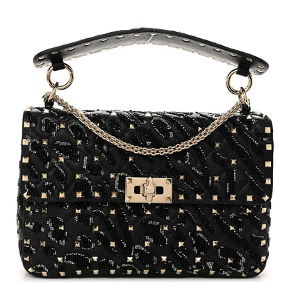 Valentino Garavani Lambskin Sequin Medium Rockstud Spike Shoulder Bag Black 1 of 10