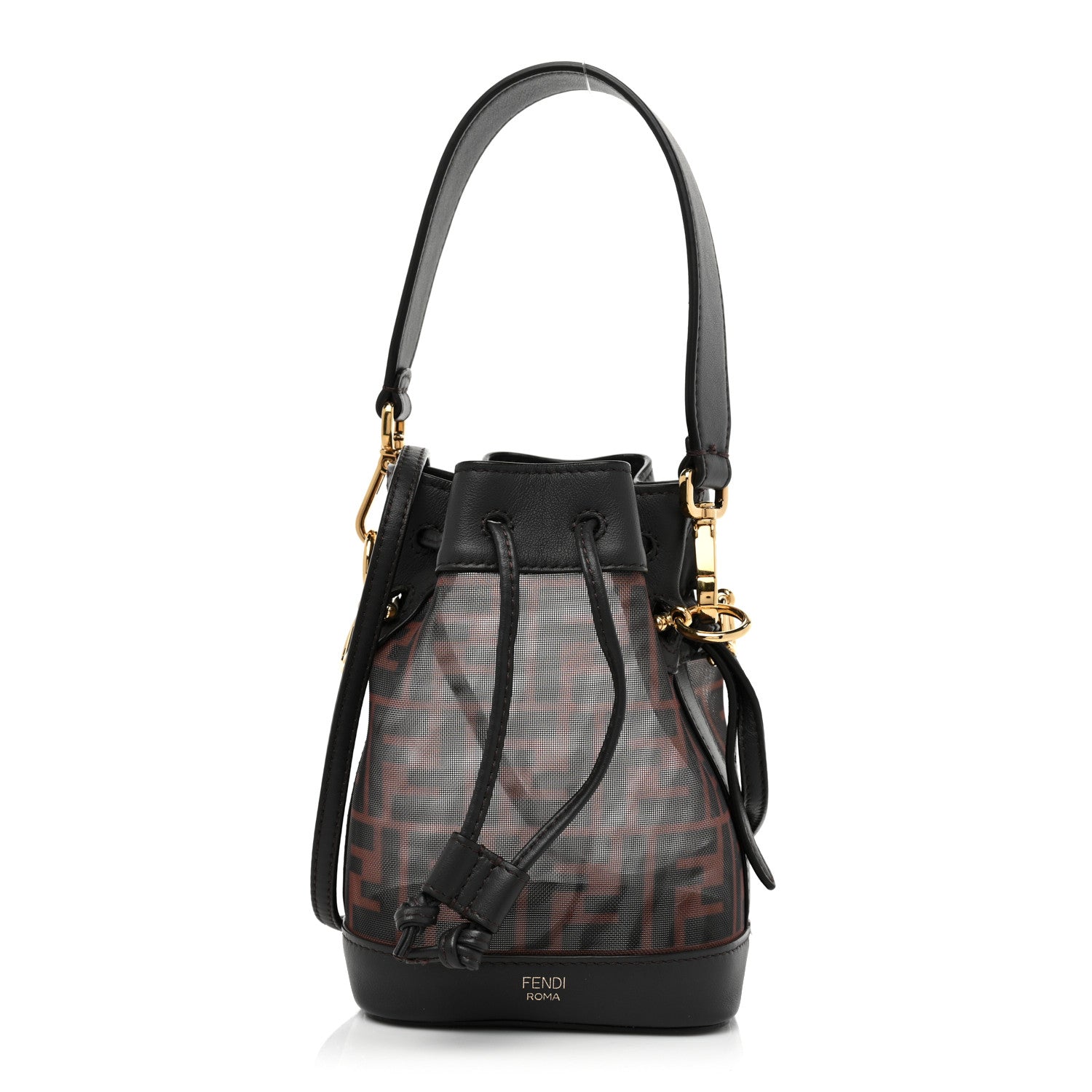 Fendi Mesh Vitello Grace F is Fendi FF 1974 Mini Mon Tresor Bucket Bag Marrone Black Ebano 1 of 8