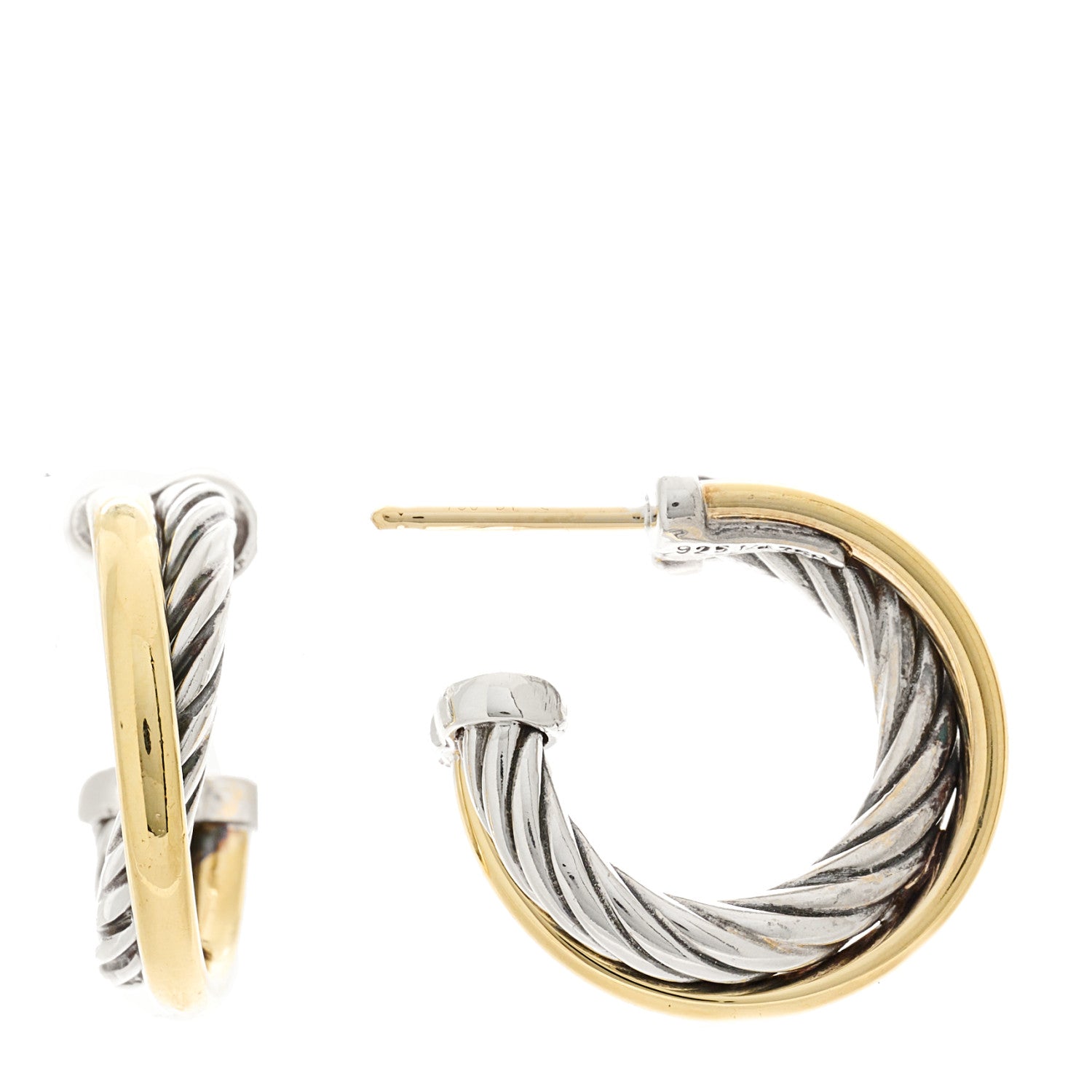 David Yurman Sterling Silver 18K Yellow Gold 17mm Crossover Cable Hoop Earrings 1 of 4