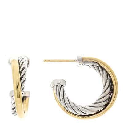 David Yurman Sterling Silver 18K Yellow Gold 17mm Crossover Cable Hoop Earrings 1 of 4