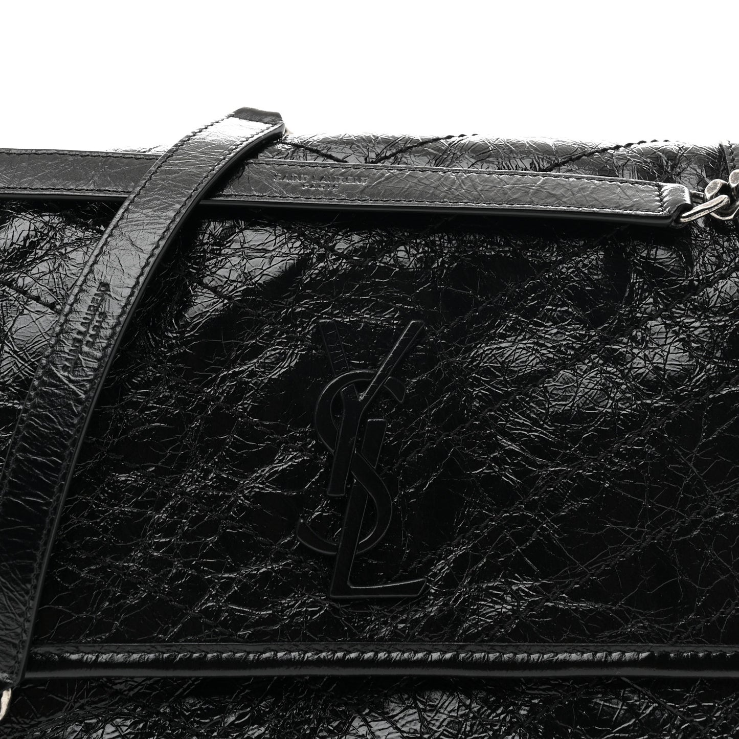 Crinkled Calfskin Matelasse Monogram Medium Niki Chain Satchel Black