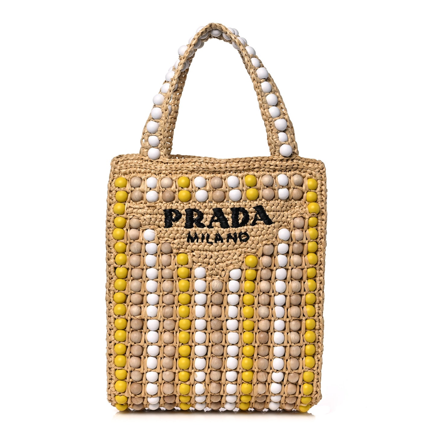 Raffia Wood Bead Embroidered Logo Tote Bag Naturale
