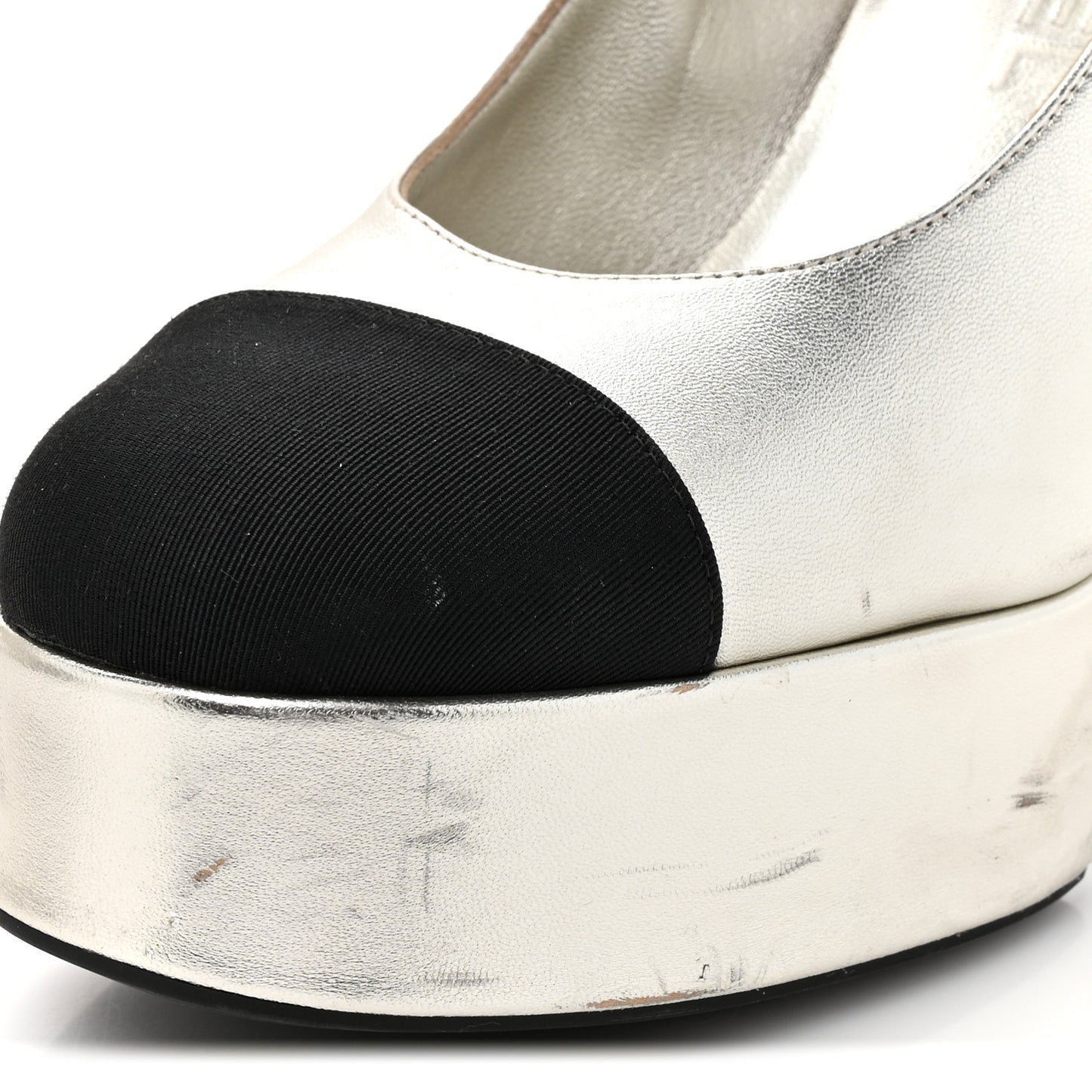 Laminated Lambskin Grosgrain Cap Toe CC Mary Jane Pumps 36 Silver Black