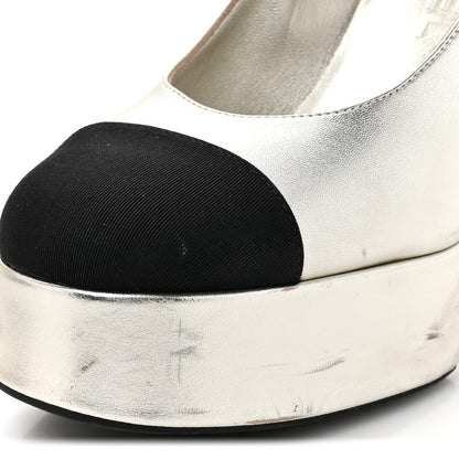 Chanel Laminated Lambskin Grosgrain Cap Toe CC Mary Jane Pumps 36 Silver Black 10 of 13