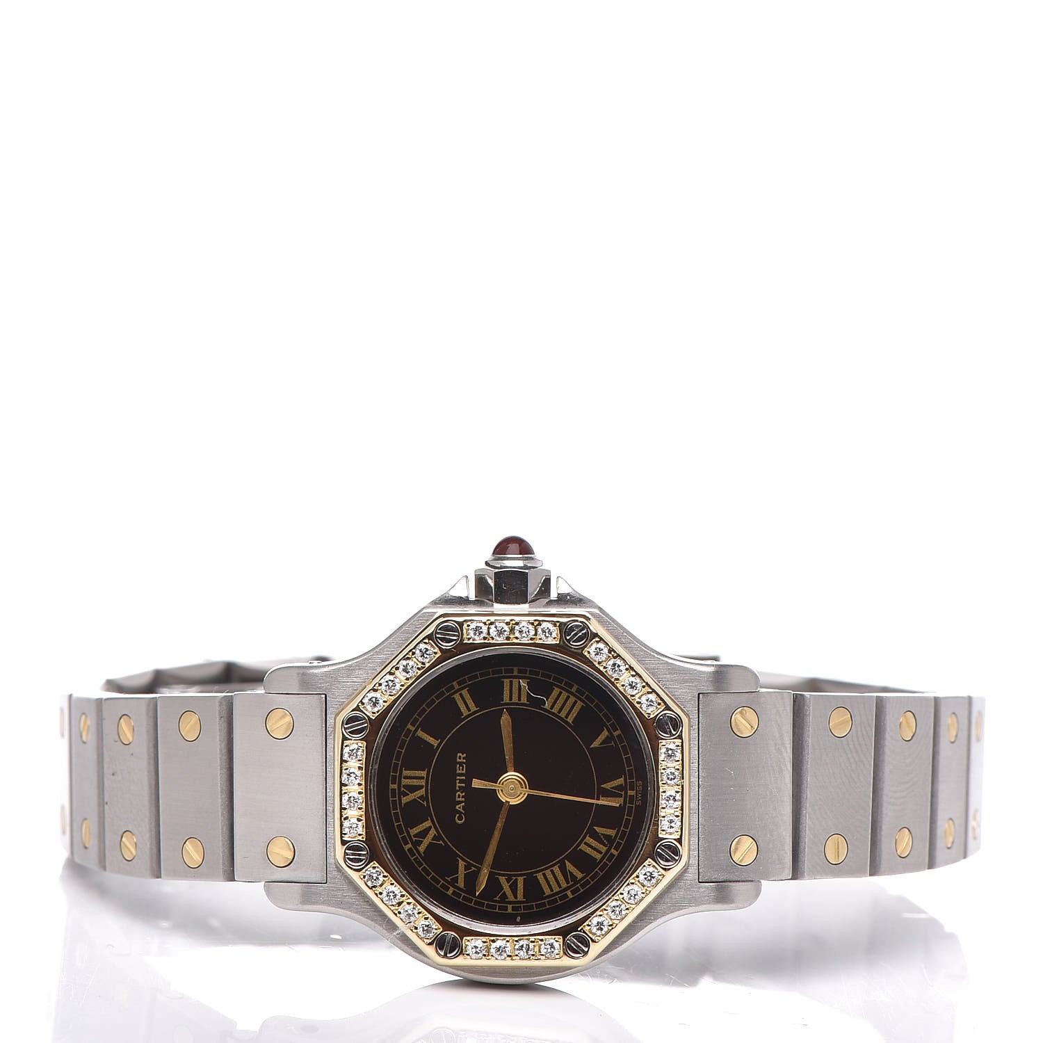 Cartier Stainless Steel 18K Yellow Gold Diamond 25mm Santos Octagon Automatic Watch Black 3 of 7