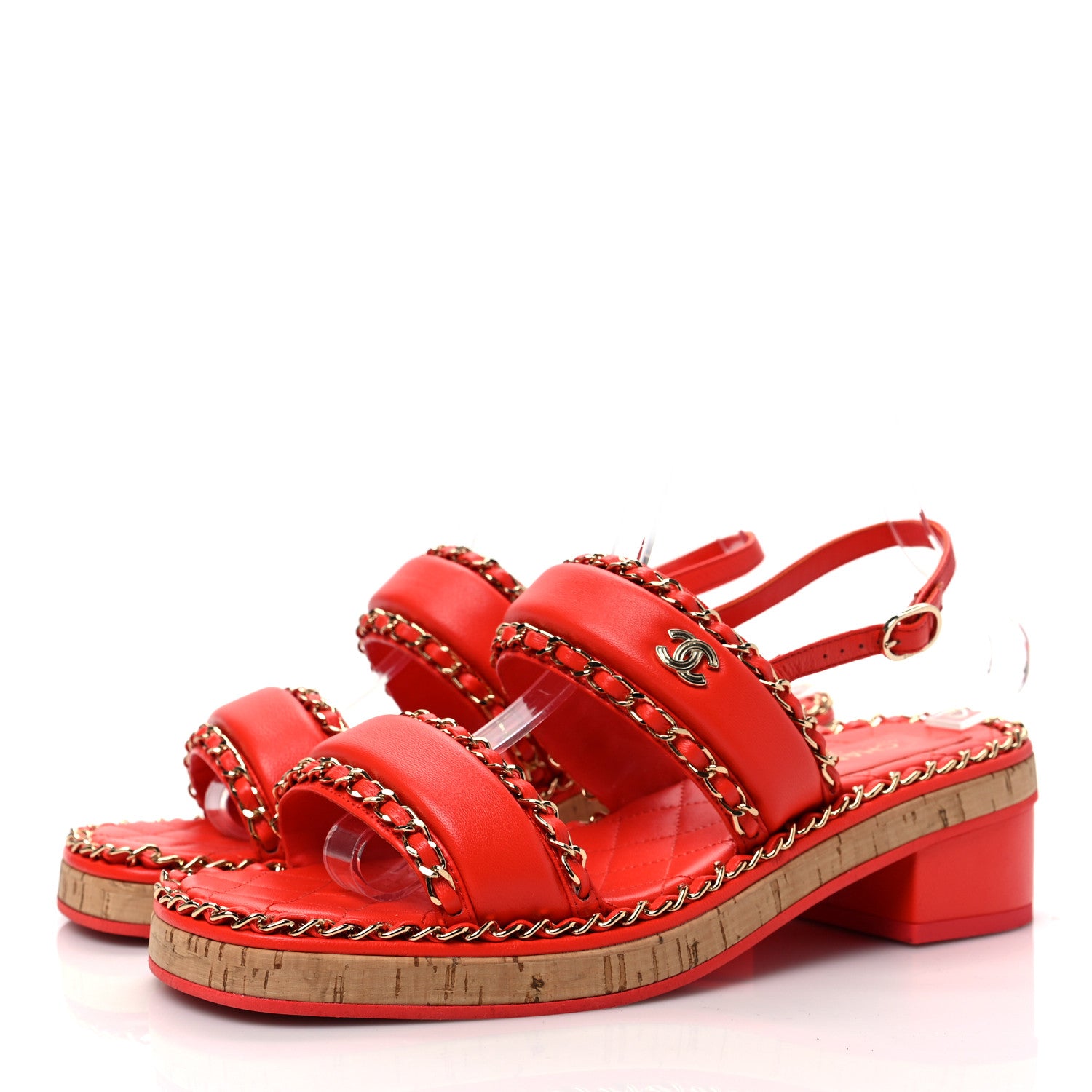 Chanel Lambskin Cork Chain Sandals 39 Red 3 of 7
