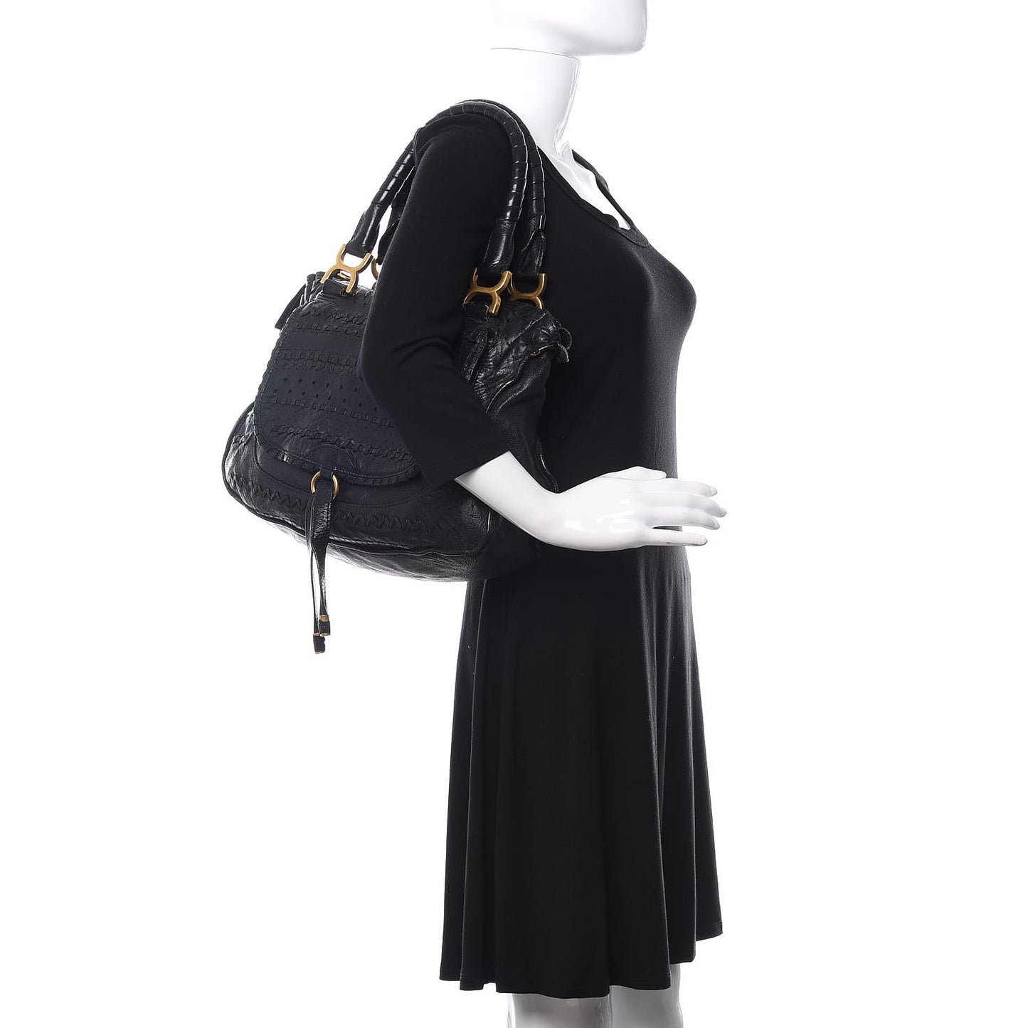 Calfskin Embroidered Medium Marcie Satchel Black