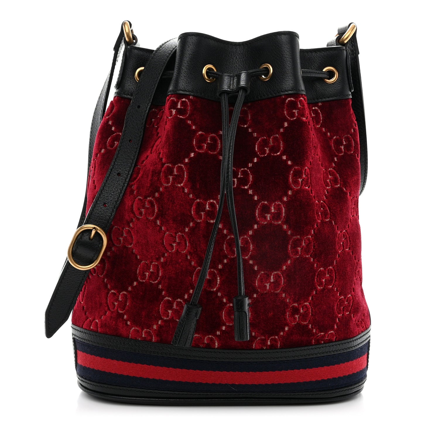 Velvet GG Monogram Textured Calfskin Web Bucket Bag Red Cipria Black