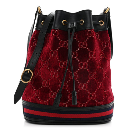 Gucci Velvet GG Monogram Textured Calfskin Web Bucket Bag Red Cipria Black 1 of 11