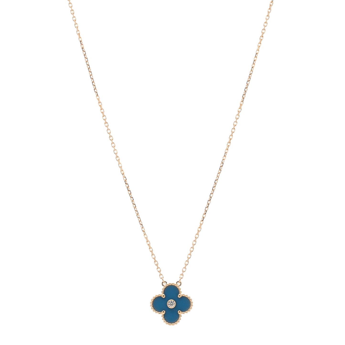 18K Yellow Gold Diamond Celestial Blue Sevres Porcelain Vintage Alhambra Pendant Necklace