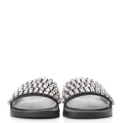 Gucci Calfskin Crystal Embellished Web Slide Sandals 35 Blue Red 3 of 9