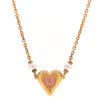 Chanel Resin Crystal Pearl Chain Heart CC Pendant Choker Necklace Pink White Gold 1 of 5