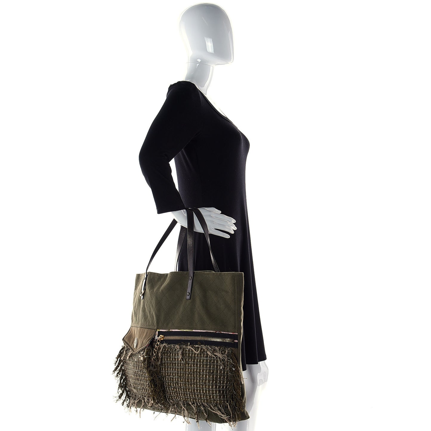 Canvas Tweed Stitched Cuba Patchwork Large Shopper Tote Khaki