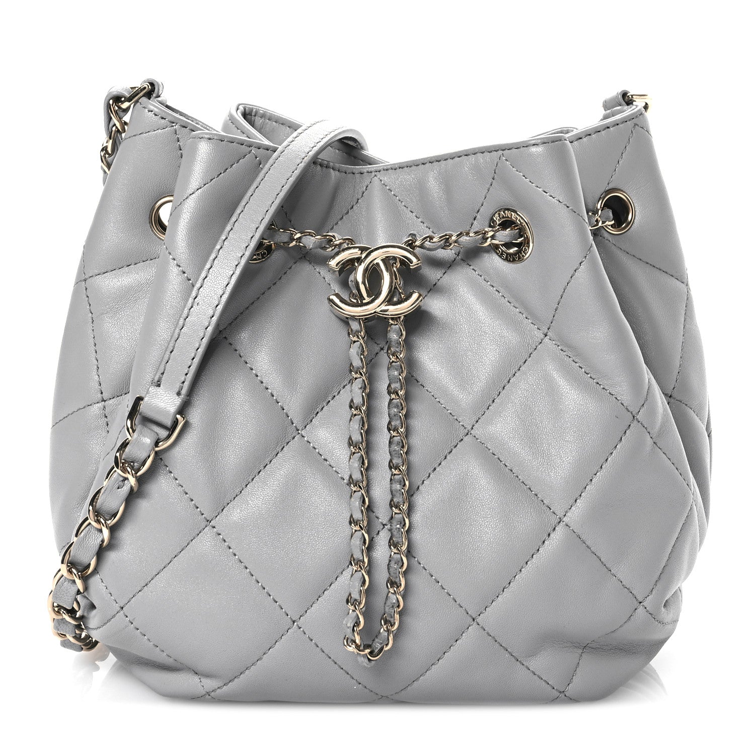 Chanel Lambskin Quilted CC Dweller Drawstring Bucket Bag Light Grey 1 of 11