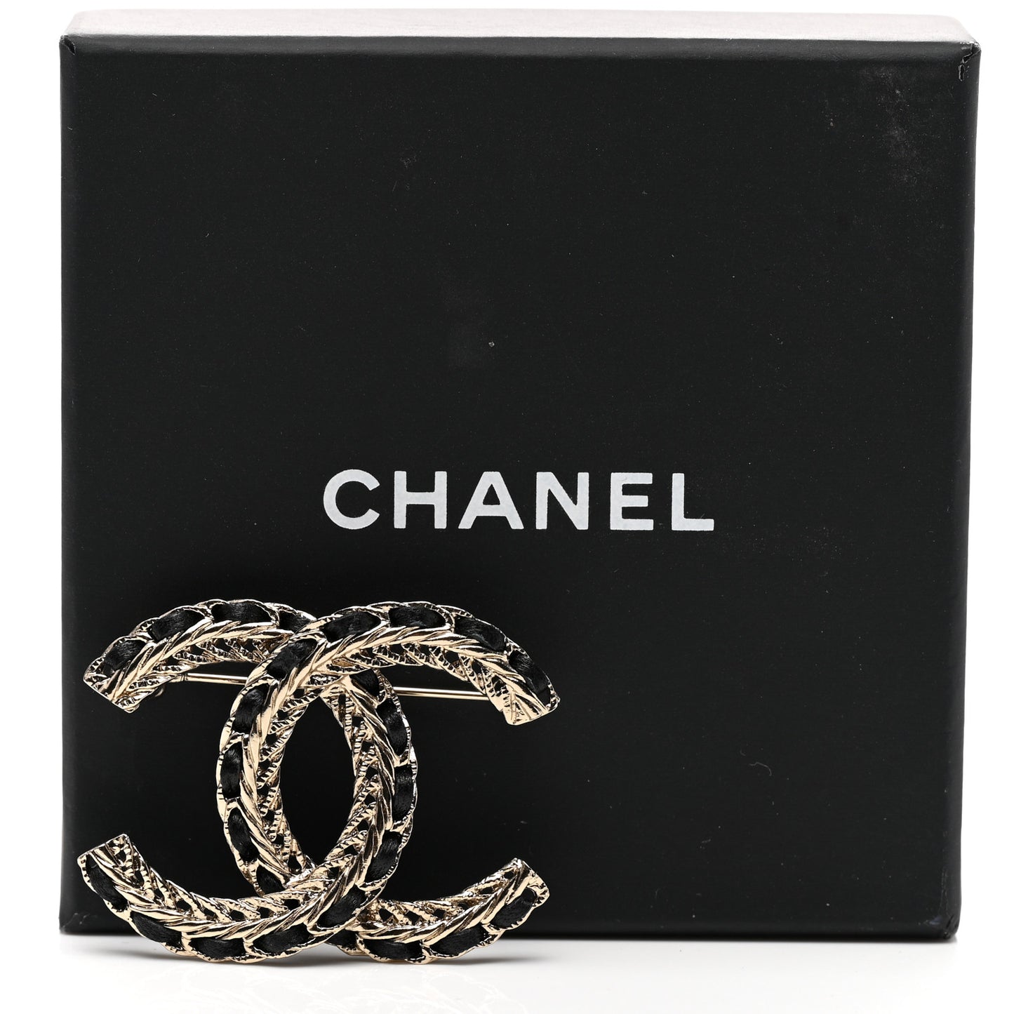 Lambskin Chain CC Brooch Black Gold